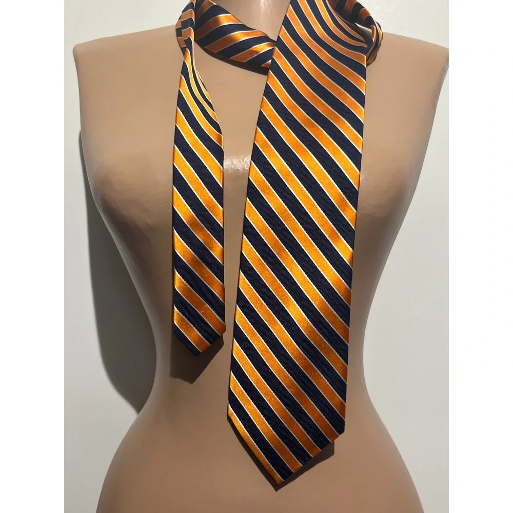 Nautica Mens Silk Necktie Orange Navy Blue White Striped Classic Repp Tie